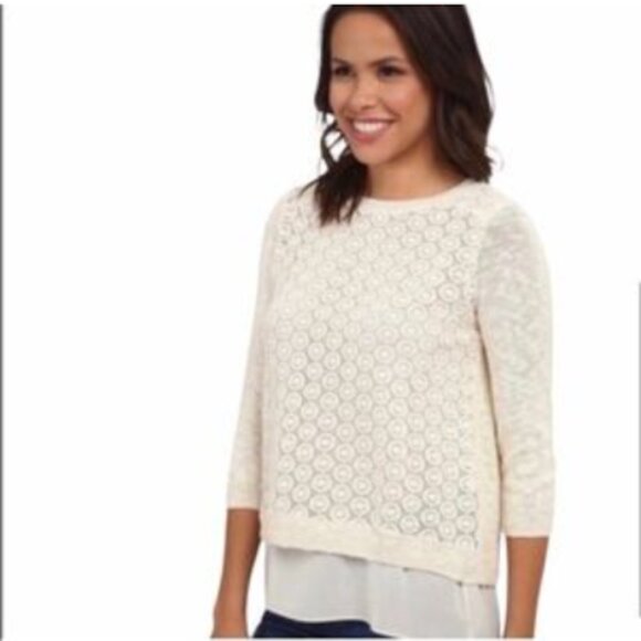 NWT LUCKY BRAND Cream Lace Chiffon Linen Mixed Media Sweater 1X - Picture 2 of 9